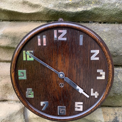 Antique Oak Wall Dial Clock In Manner Of Heals