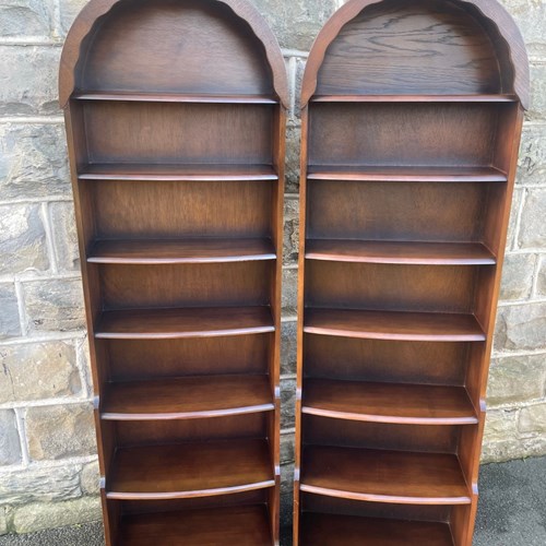 Pair Slim Oak Domed Top Waterfall Open Bookcase