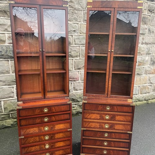 Pair Brass Bound Mahogany Military Bookcase On Chests