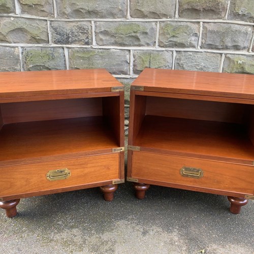 Pair Brass Bound Mahogany Military Campaign Style Bedside Tables