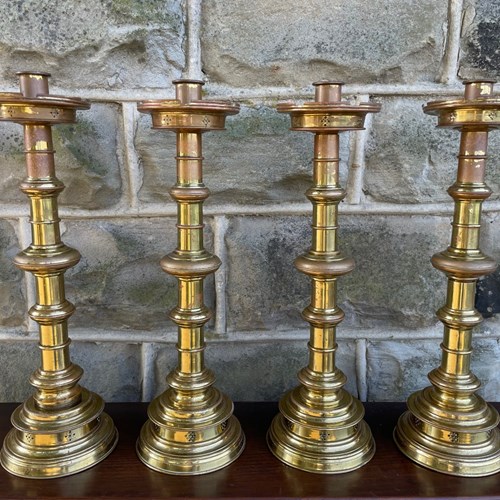 Antique Set 4 Brass Ecclesiastical Candle Sticks