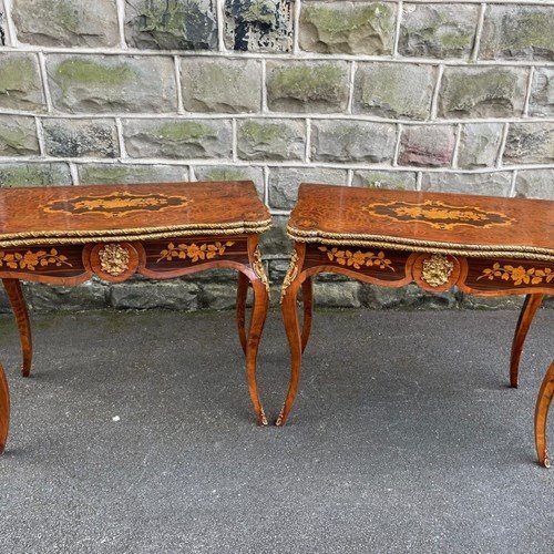 Pair Marquetry Inlaid Walnut Games Tables Card Table