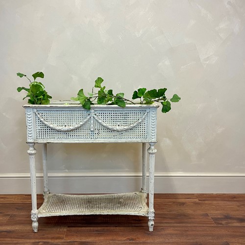 French, painted wood and rattan plant stand