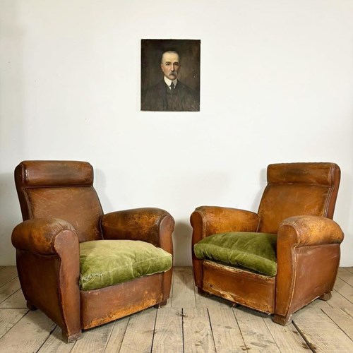 Pair Of Vintage French Leather Club Chairs 