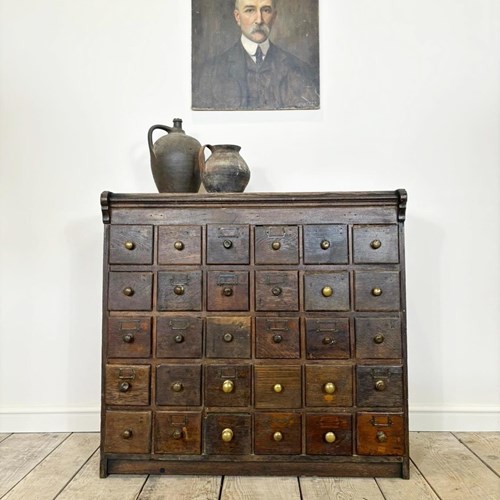 Early 1900S Antique Solid Oak Apothecary Bank Of Drawers 