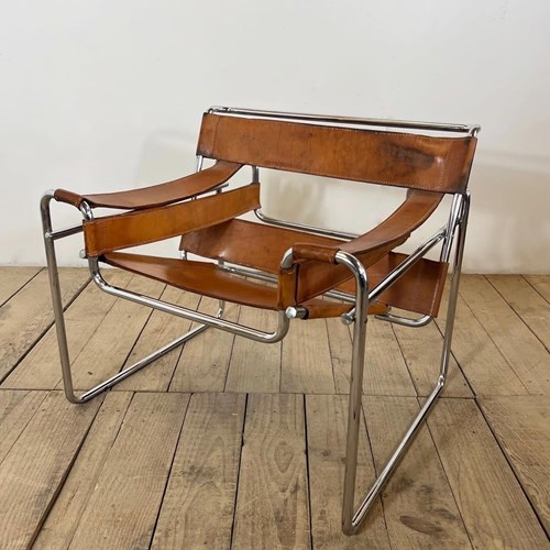 Vintage Marcel Breuer Wassily Style Tan Leather Armchair 
