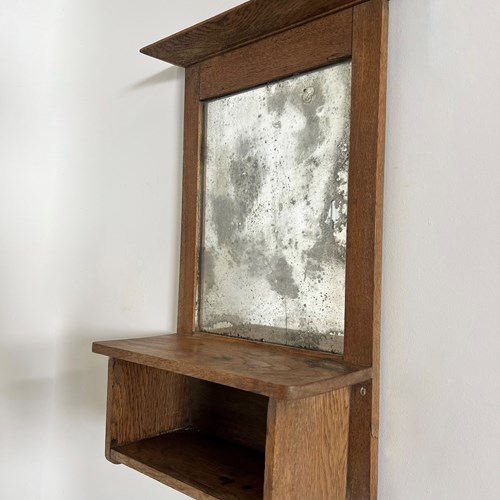 Early 1900S Oak French Foxed Shelved Mirror 