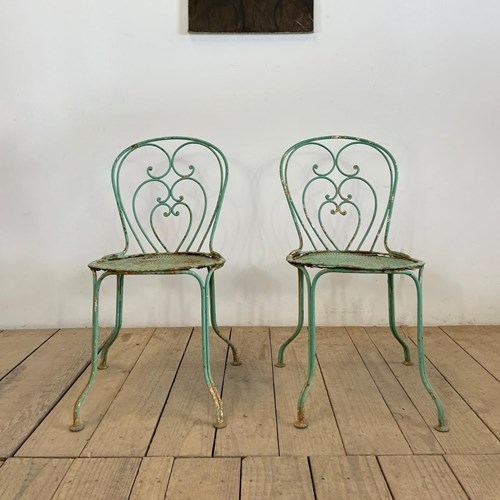 Pair Of Antique French Original Painted Garden Bistro Chairs 