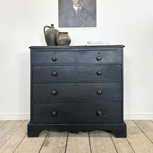 Victorian Antique Ebonised Painted Chest Of Drawers 