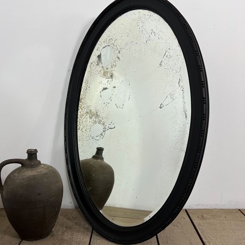 Antique Ebonised Painted Oval Foxed Mirror 