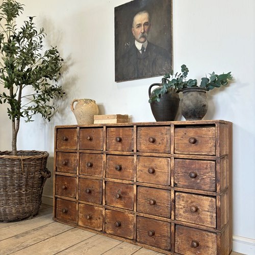 19Th Century Antique Rustic Pine Bank Of Drawers 