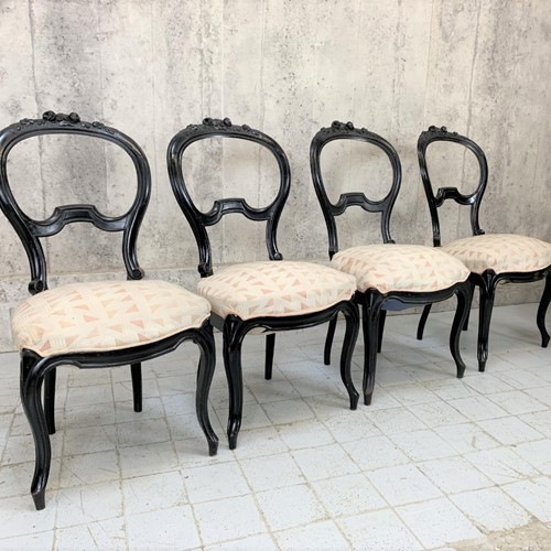 Ebonised Napoleon III Hand Carved Balloon Chairs