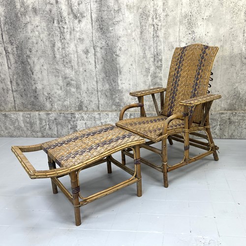 Reclining Bamboo And Wicker Lounger With Separate Ottoman