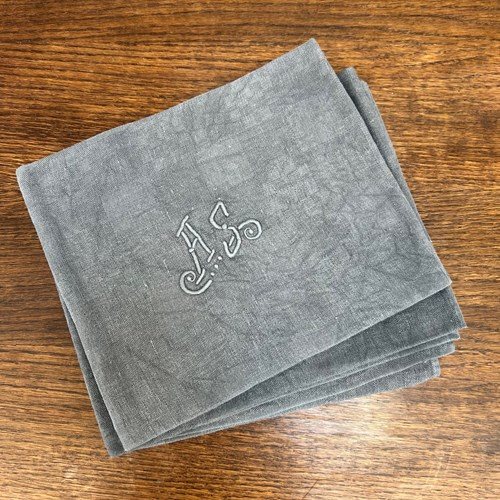 Set Of 4 French Monogrammed 'AS' Anthracite Grey Linen Vintage Serviettes Napkin