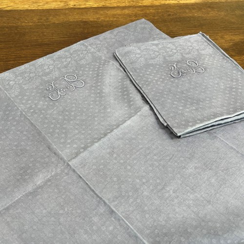 Set Of 5 French Monogrammed 'JB', 'JS' 'SR' Blue/Grey Linen Vintage Serviettes