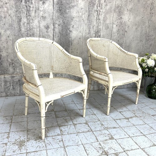 Pair Of Shabby Chic Mid Century Wicker And Cane Armchairs