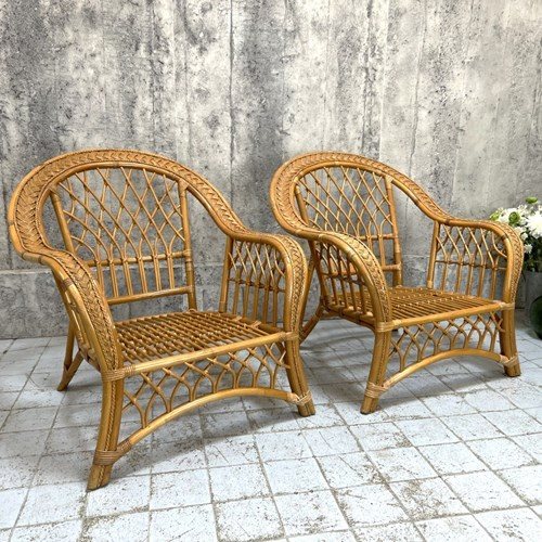 Large Pair Of Mid Century Wicker Armchairs