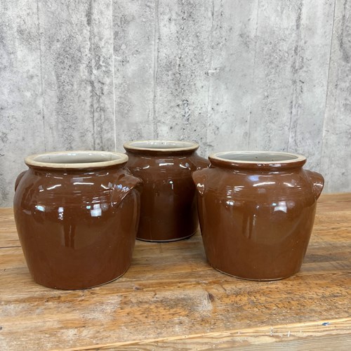 Set Of Three Brown French Confit Pots
