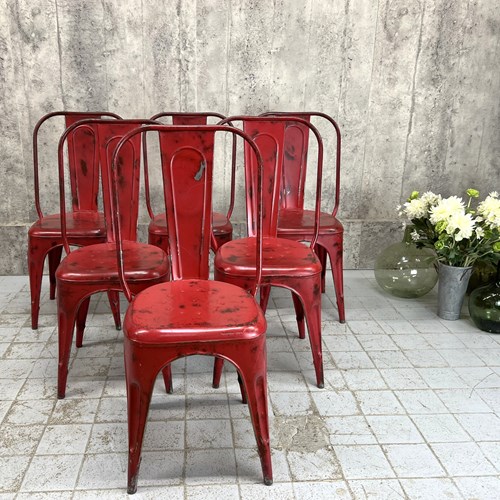 Set Of 6 Red 1930'S Style Tolix Metal Chairs