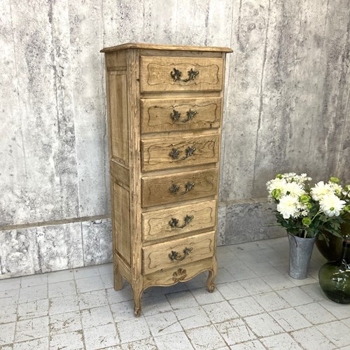 Small Stripped Oak Tall Boy Chest Of Drawers