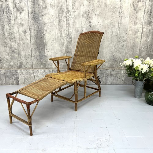 1900'S Reclining Wicker Steamer Chair With Hidden Ottoman