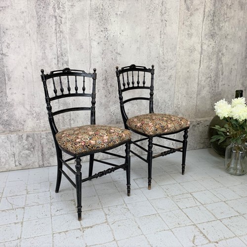 Pair Of Decorative Ebonised Napoleon III Hand Painted Bedroom Chairs