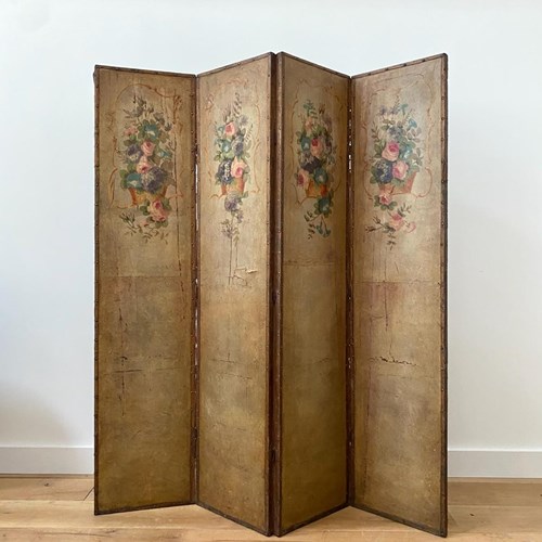 French 1880 Hand Painted Leather Four Screen Room Divider