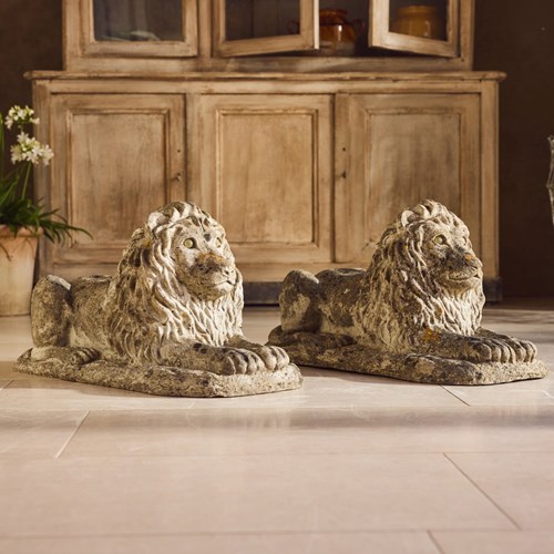 Handsome Pair Of Cast Stone Lions